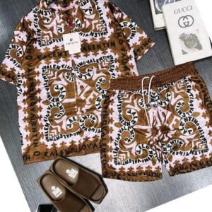 Ensemble Chemise & Short Homme Luxe Valentino Imprimé Baroque Marron Rose Poudré