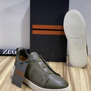 Baskets Zegna Luxe en Cuir Vert Olive – Élégance Italienne