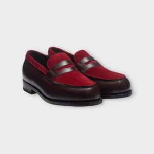 Mocassins Penny Loafers Bicolores Cuir Bordeaux & Daim Rouge